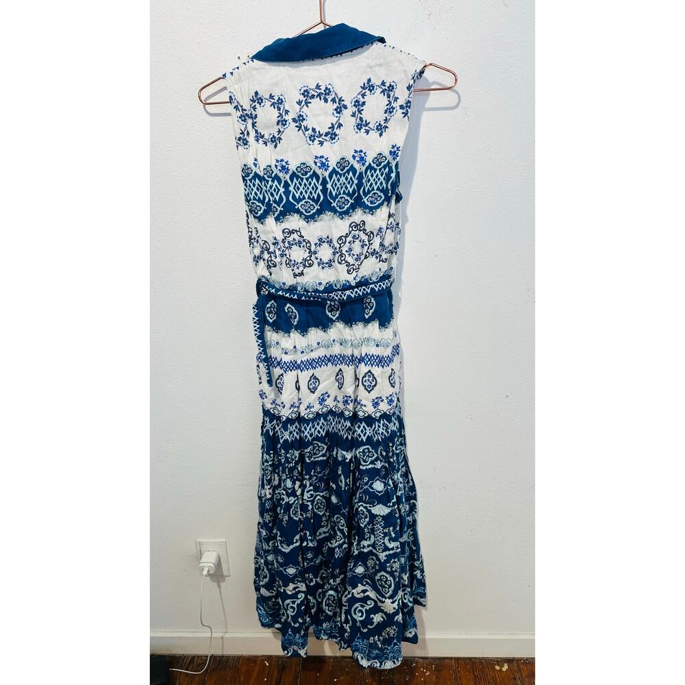 SALONI Blue White Abstract Design Nya Collared Sleeveless Button Up Dress US 2 - Picture 3 of 15